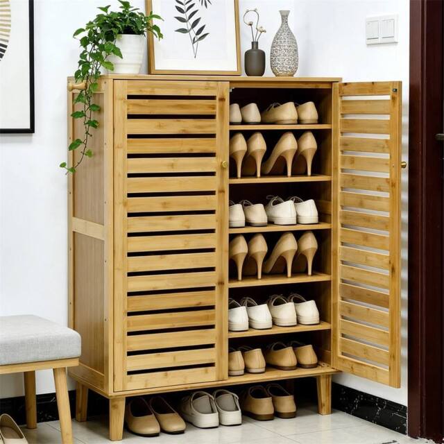 KORVIXA 2 Doors Wooden Shoe Storage Cabinet Entryway Shoe Organizer in Natural - Size: 100 cm x 100 cm - image 1