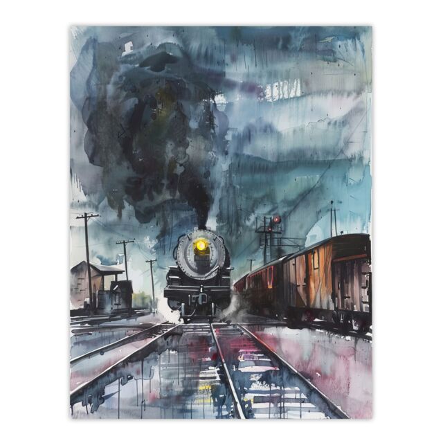 "Artery8 Steam Train Arrival Yard Stormy Day Watercolour Wall Art Print in Blue - Size: W24"" x H32""" - image 1