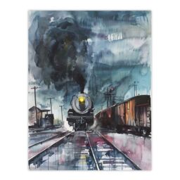 "Artery8 Steam Train Arrival Yard Stormy Day Watercolour Wall Art Print in Blue - Size: W24"" x H32""" - thumbnail 1