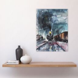 "Artery8 Steam Train Arrival Yard Stormy Day Watercolour Wall Art Print in Blue - Size: W24"" x H32""" - thumbnail 4
