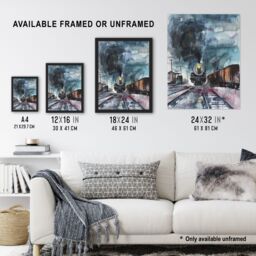 "Artery8 Steam Train Arrival Yard Stormy Day Watercolour Wall Art Print in Blue - Size: W24"" x H32""" - thumbnail 3