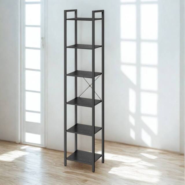 Pirlo Plush Industrial 6 Tier Tall Narrow Bookcase Shelves Black - image 1