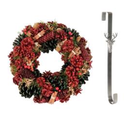 Dibor 36cm Cinnamon Pine Christmas Wreath with Stag Wreath Hanger in Red