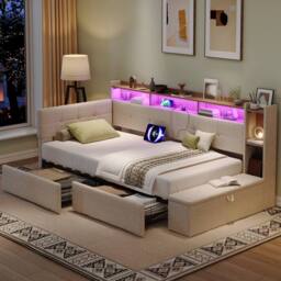 BTM 3FT Linen Daybed LED Ottoman Storage Charging Beige - Size: Single - thumbnail 2