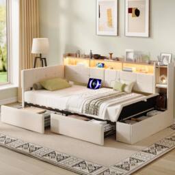 BTM 3FT Linen Daybed LED Ottoman Storage Charging Beige - Size: Single - thumbnail 4