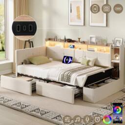 BTM 3FT Linen Daybed LED Ottoman Storage Charging Beige - Size: Single