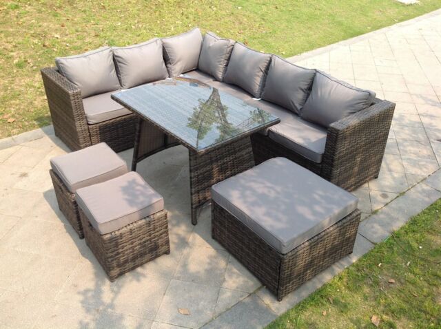 Fimous 9 Seater Rattan Corner Sofa Set Dining Table Footstool Garden Furniture Patio in Dark Grey - image 1