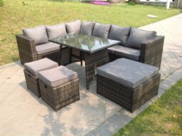 Fimous 9 Seater Rattan Corner Sofa Set Dining Table Footstool Garden Furniture Patio in Dark Grey - thumbnail 2