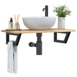 Berkfield Home Basin Shelf Wall Mounted Steel & Solid Wood Acacia in Brown - thumbnail 1