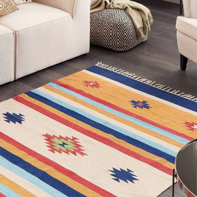 Wyld and Coco Kilim Area Rug Multicolour Cotton Handwoven Reversible Flat Weave - Size: 140 cm x 200 cm - image 1