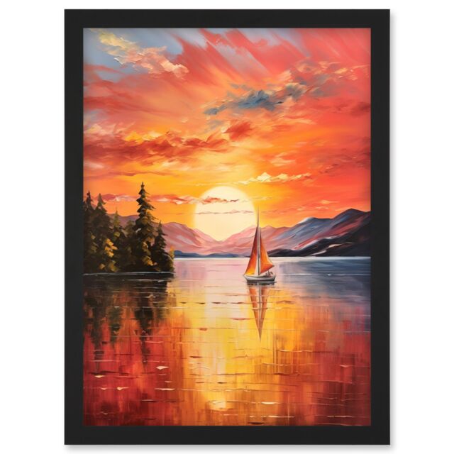 Artery8 Wall Art Print Serene Lake Sunset Sailing Vibrant Oil Painting Sail Boat Lakeside Mountain Landscape Artwork Framed A4 in Black - image 1
