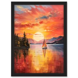 Artery8 Wall Art Print Serene Lake Sunset Sailing Vibrant Oil Painting Sail Boat Lakeside Mountain Landscape Artwork Framed A4 in Black - thumbnail 1