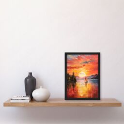 Artery8 Wall Art Print Serene Lake Sunset Sailing Vibrant Oil Painting Sail Boat Lakeside Mountain Landscape Artwork Framed A4 in Black - thumbnail 2