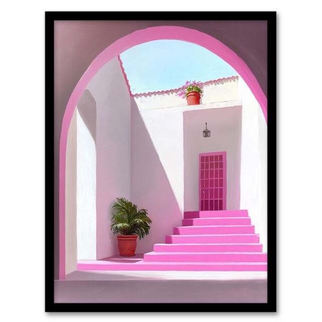 "Artery8 Italian Courtyard Plants Pink Steps Minimalist Framed Art Print - Size: W12"" x H16""" - image 1