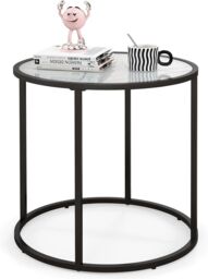 Gymax Glass End Table 50cm Round Side Table With Metal Frame & Faux Marble in Black