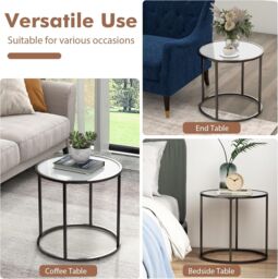 Gymax Glass End Table 50cm Round Side Table With Metal Frame & Faux Marble in Black - thumbnail 6
