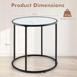 Gymax Glass End Table 50cm Round Side Table With Metal Frame & Faux Marble in Black - thumbnail 3