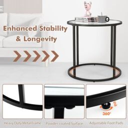 Gymax Glass End Table 50cm Round Side Table With Metal Frame & Faux Marble in Black - thumbnail 5