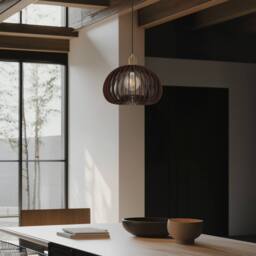 Industville Rift Slatted Wooden Mushroom Wooden Pendant Light - Dark in Gold - Size: Medium - thumbnail 2