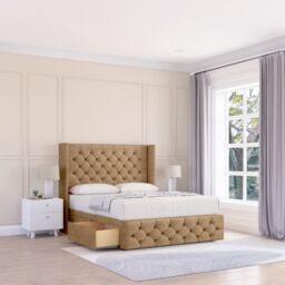"Sloomy Luthor Dumfries Wingback Bed Set, 2 Drawers & 54"" Floor Standing Headboard in Light Beige - Size: King" - thumbnail 1
