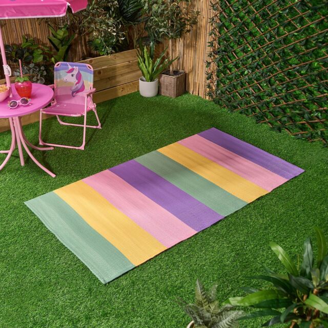 OHS Kids Outdoor Garden Rug Waterproof Area Rainbow Stripe Mat - Size: 80 cm x 150 cm - image 1