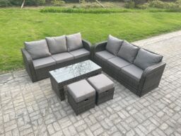 Fimous 8 Seater Patio Garden Furniture Sets Wicker Outdoor Rattan Furniture Sofa Sets with Rectangular Coffee Table 2 Small Footstools in Dark Grey - thumbnail 2