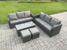 Fimous 8 Seater Patio Garden Furniture Sets Wicker Outdoor Rattan Furniture Sofa Sets with Rectangular Coffee Table 2 Small Footstools in Dark Grey - thumbnail 1