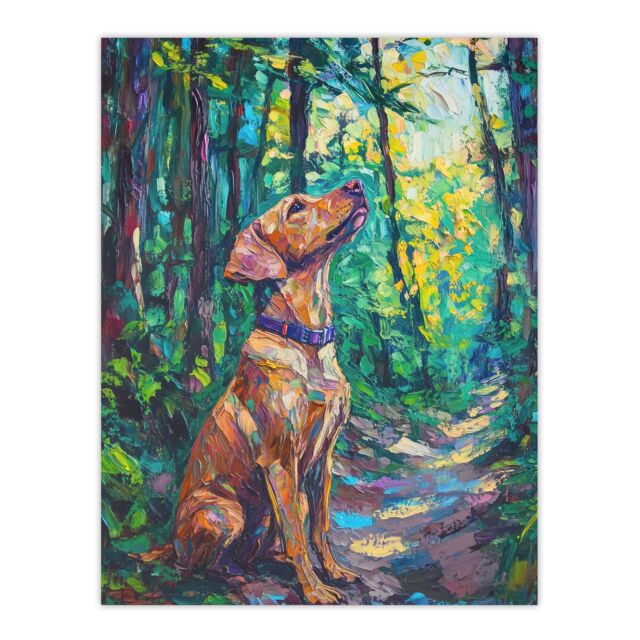 "Artery8 Golden Lab Puppy in Forest Oil Painting Dog Lover Wall Art Print in Green - Size: W12"" x H16""" - image 1