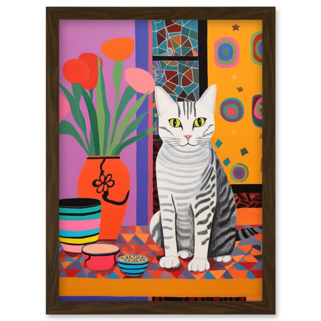Artery8 Wall Art Print The Stripey Cat Sits Artwork Potted Flower Plant Henri Matisse Style Painting Home Bold Bright Vibrant Folk Artwork Framed A4 - image 1