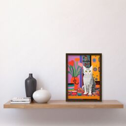 Artery8 Wall Art Print The Stripey Cat Sits Artwork Potted Flower Plant Henri Matisse Style Painting Home Bold Bright Vibrant Folk Artwork Framed A4 - thumbnail 2