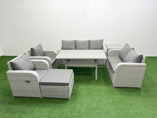 Fimous PE Rattan Garden Furniture Set Reclining Chair Sofa Double Love Seat 2 Seater Sofa Lounge Set Rectangular Dining Table Big Footstool Side - image 1