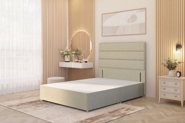 Somnior Chambery Divan Bed Frame with Floor Standing Headboard Linen Fabric in Beige - Size: Small Single - image 1