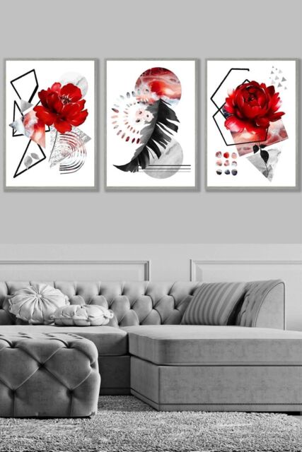 ARTZE Set of 3 Light Grey Framed Abstract Red & Black Botanical Wall Art - Size: W45 cm x H62 cm x D20mm - image 1