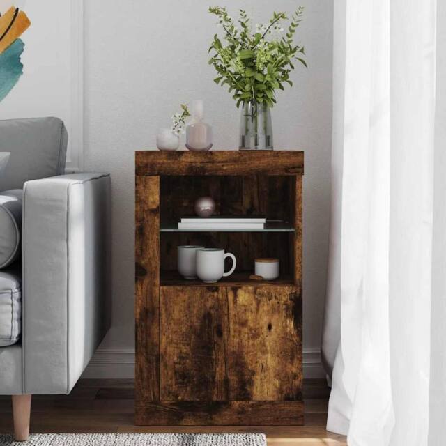 Berkfield Home Side Cabinet with LED Lights Smoked Oak Engineered Wood in Brown - image 1