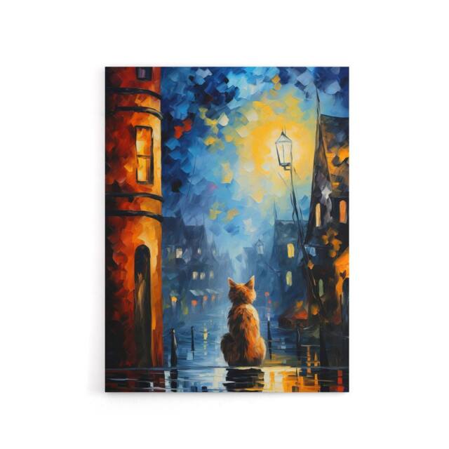 "Artery8 Ginger Cat Under Street Lamp at Night Canvas Wall Art Print in Blue - Size: W18"" x H24""" - image 1