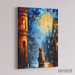 "Artery8 Ginger Cat Under Street Lamp at Night Canvas Wall Art Print in Blue - Size: W18"" x H24""" - thumbnail 2