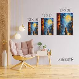 "Artery8 Ginger Cat Under Street Lamp at Night Canvas Wall Art Print in Blue - Size: W18"" x H24""" - thumbnail 4