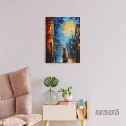 "Artery8 Ginger Cat Under Street Lamp at Night Canvas Wall Art Print in Blue - Size: W18"" x H24""" - thumbnail 3