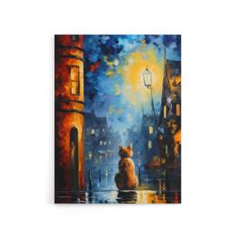 "Artery8 Ginger Cat Under Street Lamp at Night Canvas Wall Art Print in Blue - Size: W18"" x H24""" - thumbnail 1