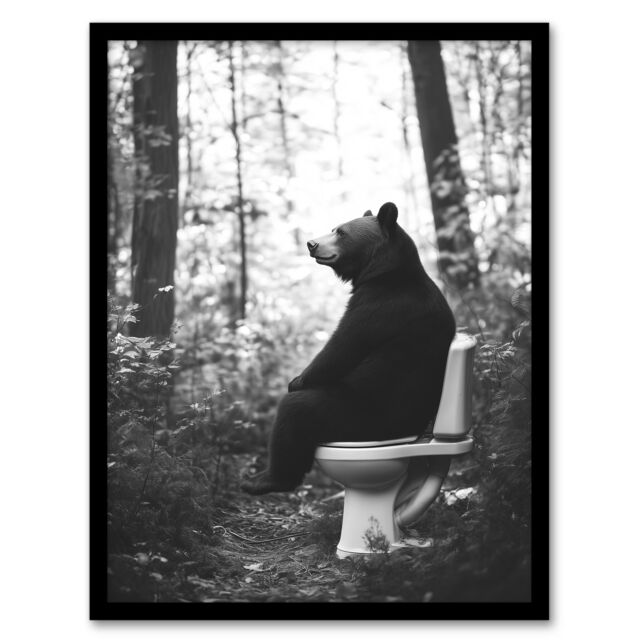 Artery8 Grizzly Bear Toilet Black White Forest Landscape Framed Art Print in Grey - Size: A4 - image 1