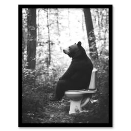 Artery8 Grizzly Bear Toilet Black White Forest Landscape Framed Art Print in Grey - Size: A4 - thumbnail 1
