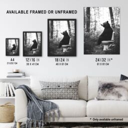 Artery8 Grizzly Bear Toilet Black White Forest Landscape Framed Art Print in Grey - Size: A4 - thumbnail 3