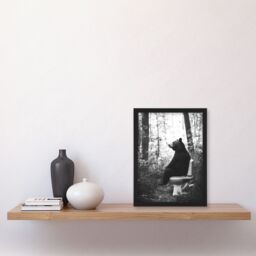 Artery8 Grizzly Bear Toilet Black White Forest Landscape Framed Art Print in Grey - Size: A4 - thumbnail 4