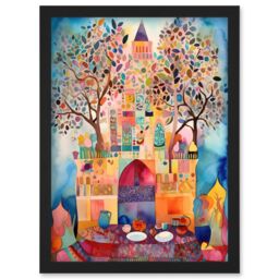 Artery8 Eid Al-Fitr Feast Folk Art Watercolour Painting Artwork Framed Wall Art Print A4 in Black - thumbnail 1