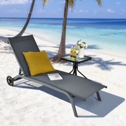 Costway Sun Lounger 6-Level Adjustable Fabric Chaise Chair Outdoor Relaxing Recliner in Grey - thumbnail 4