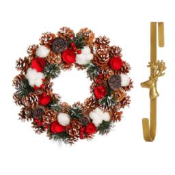 Dibor 36cm Pinecone & Roses Christmas Wreath with Deer Wreath Hanger in Red