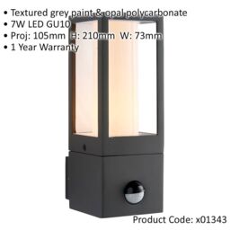 Loops Outdoor Rectangular Wall Lantern Light with PIR - 7W GU10 LED - Textured Grey - thumbnail 2