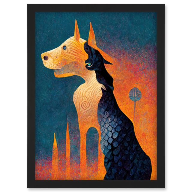 Artery8 Abstract Dog Monument Statue Illustration Teal Orange Artwork Framed Wall Art Print A4 in Black - image 1