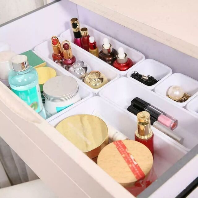Marco Paul 8pc Plastic Organiser Boxes Cutlery Drawer Storage Tray Divider Wardrobe Make Up in White - image 1
