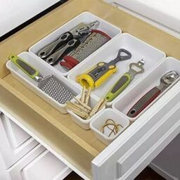 Marco Paul 8pc Plastic Organiser Boxes Cutlery Drawer Storage Tray Divider Wardrobe Make Up in White - thumbnail 2